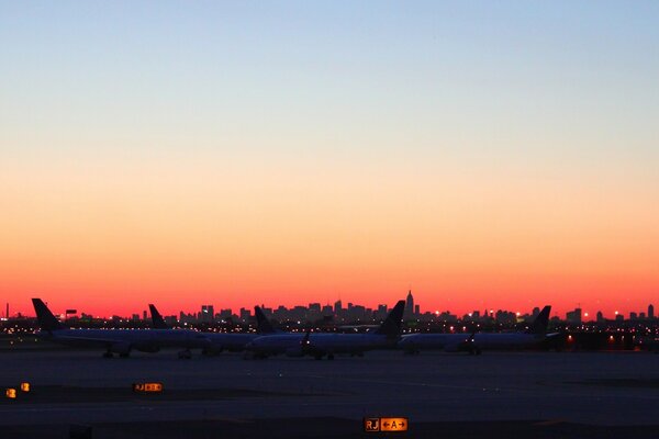 Scarlet sunset on the background of the metropolis