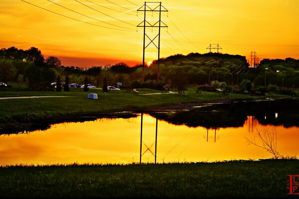 Beautiful sunset landscape on the river bank