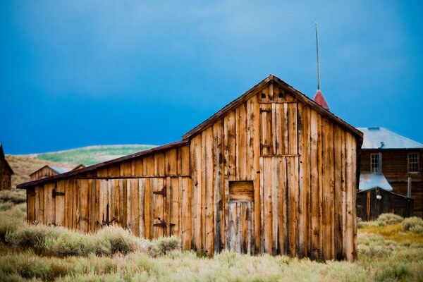 Wooden shed on a green field