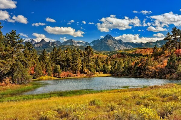 Beautiful landscape with lake and mountains