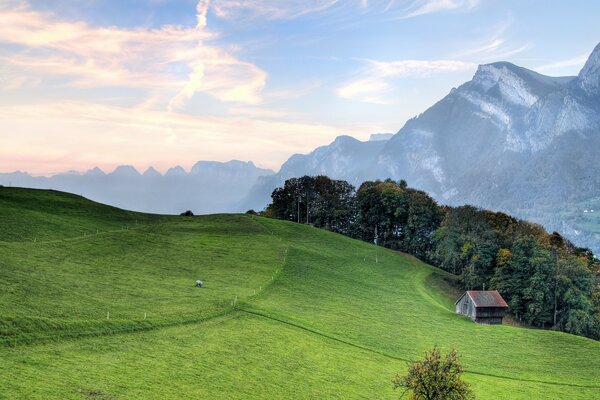 A house in the mountains on a green lawn