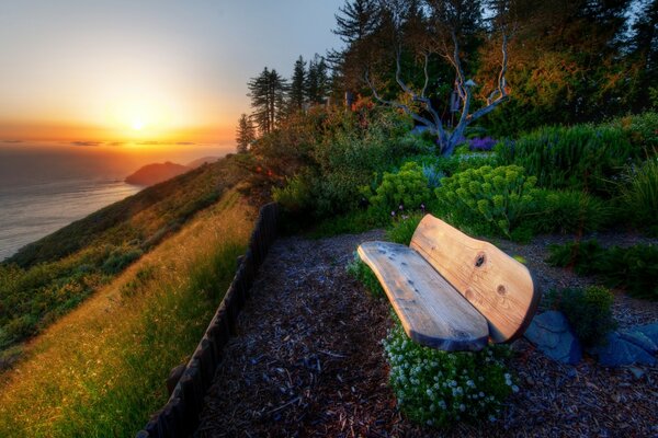 A lonely bench at sunset by the water