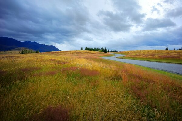 Ein tickender Fluss inmitten eines Herbstfeldes