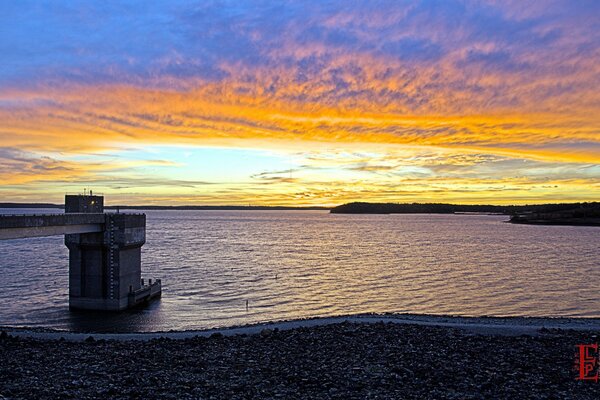 Lighthouse, bay, evening sea sunset