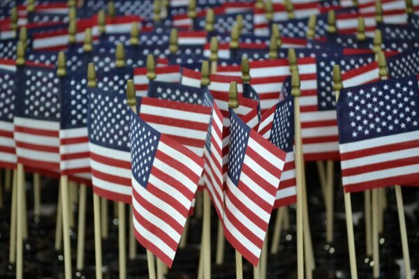 Beaucoup de petits drapeaux des États-Unis avec des poignées en bois