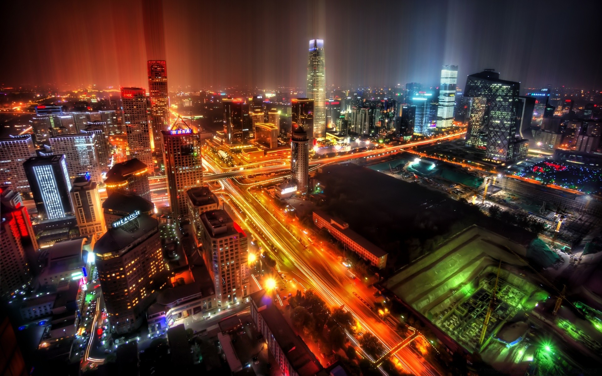 asia city downtown skyscraper evening dusk cityscape road urban traffic building bridge highway illuminated light travel architecture scene skyline business street