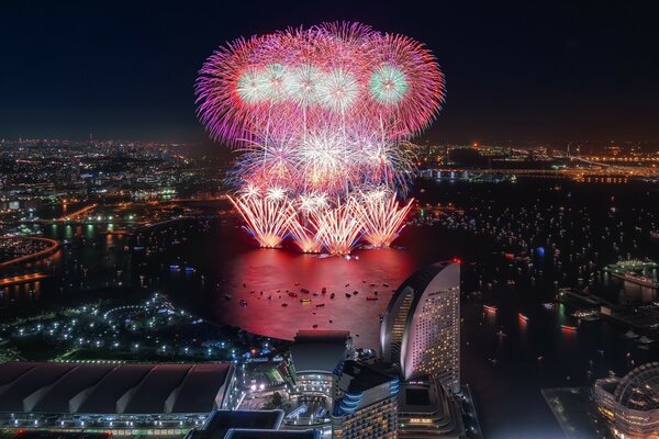 Feuerwerk in Form von Löwenzahn auf dem Wasser