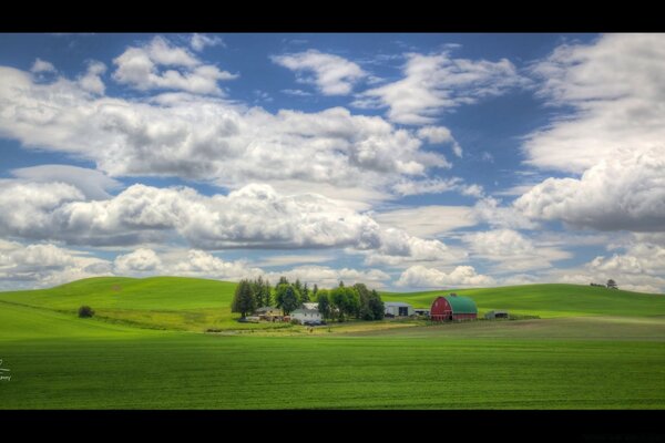 Landschaft mit grünem Gras und blauem Himmel