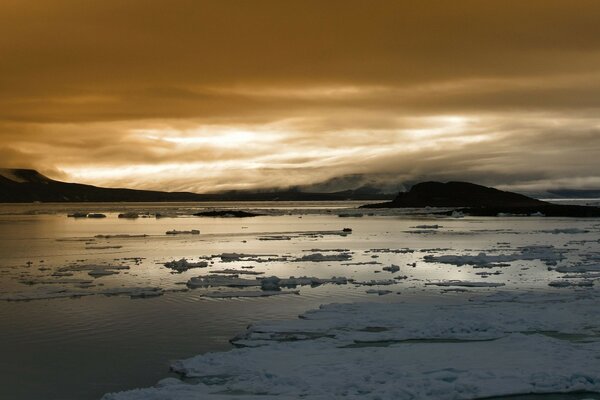 Dawn on the cold beach of Antarctica