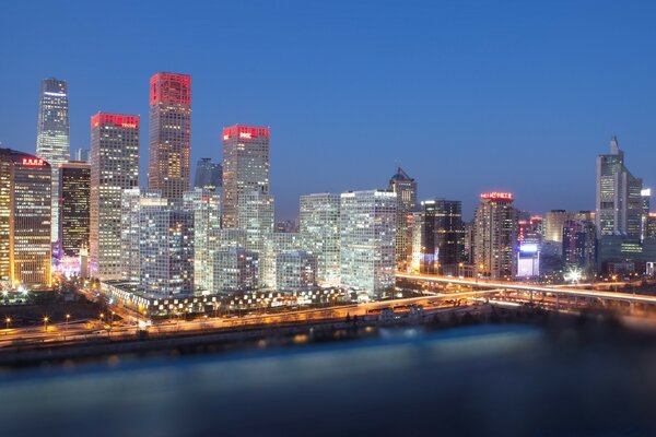 Night skyscrapers stretching into the night sky