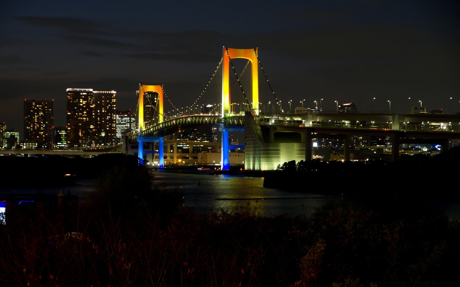 asia bridge city water river evening dusk travel architecture cityscape sunset skyline light building downtown sky waterfront urban business harbor