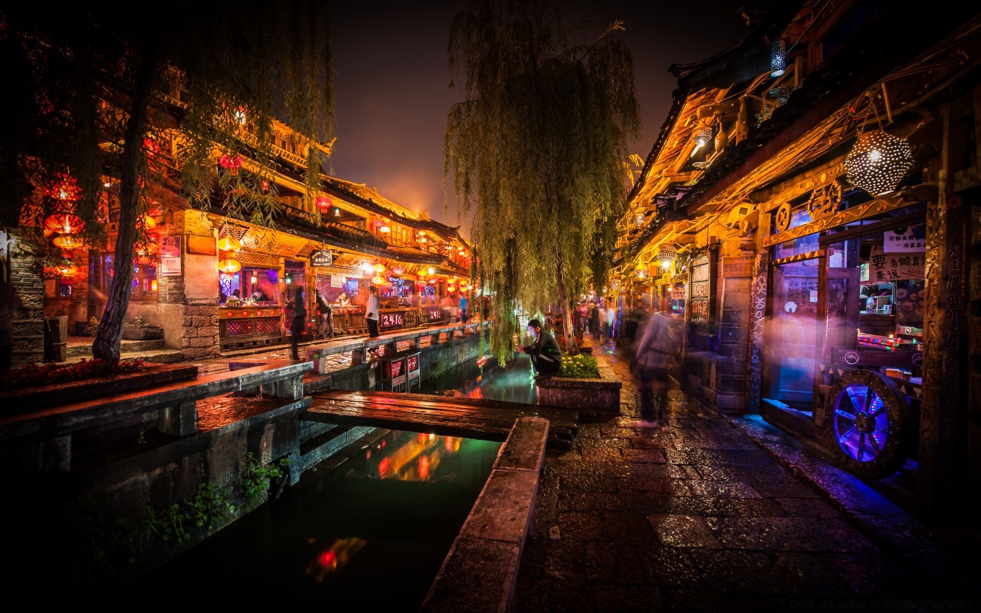 asia city street light urban travel evening road building bridge reflection