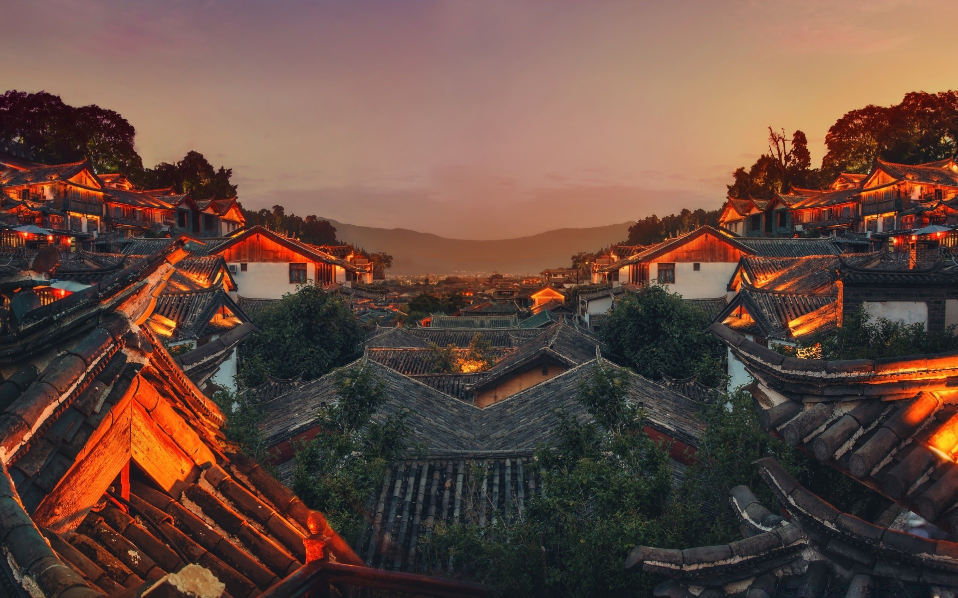 asia travel sunset landscape temple evening water roof architecture