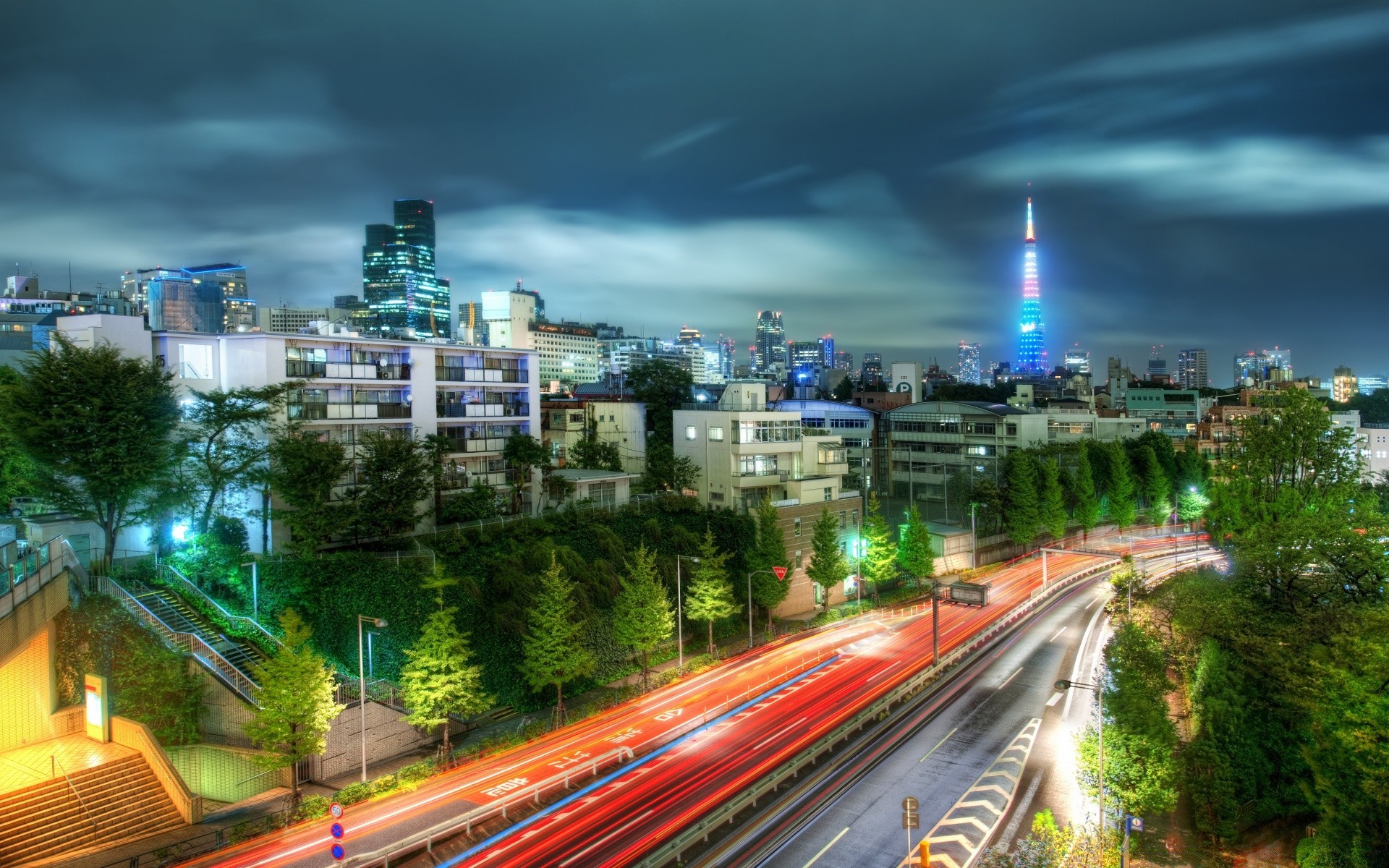 asia traffic city highway downtown skyscraper road cityscape urban travel expressway transportation system dusk skyline evening car fast blur modern building street