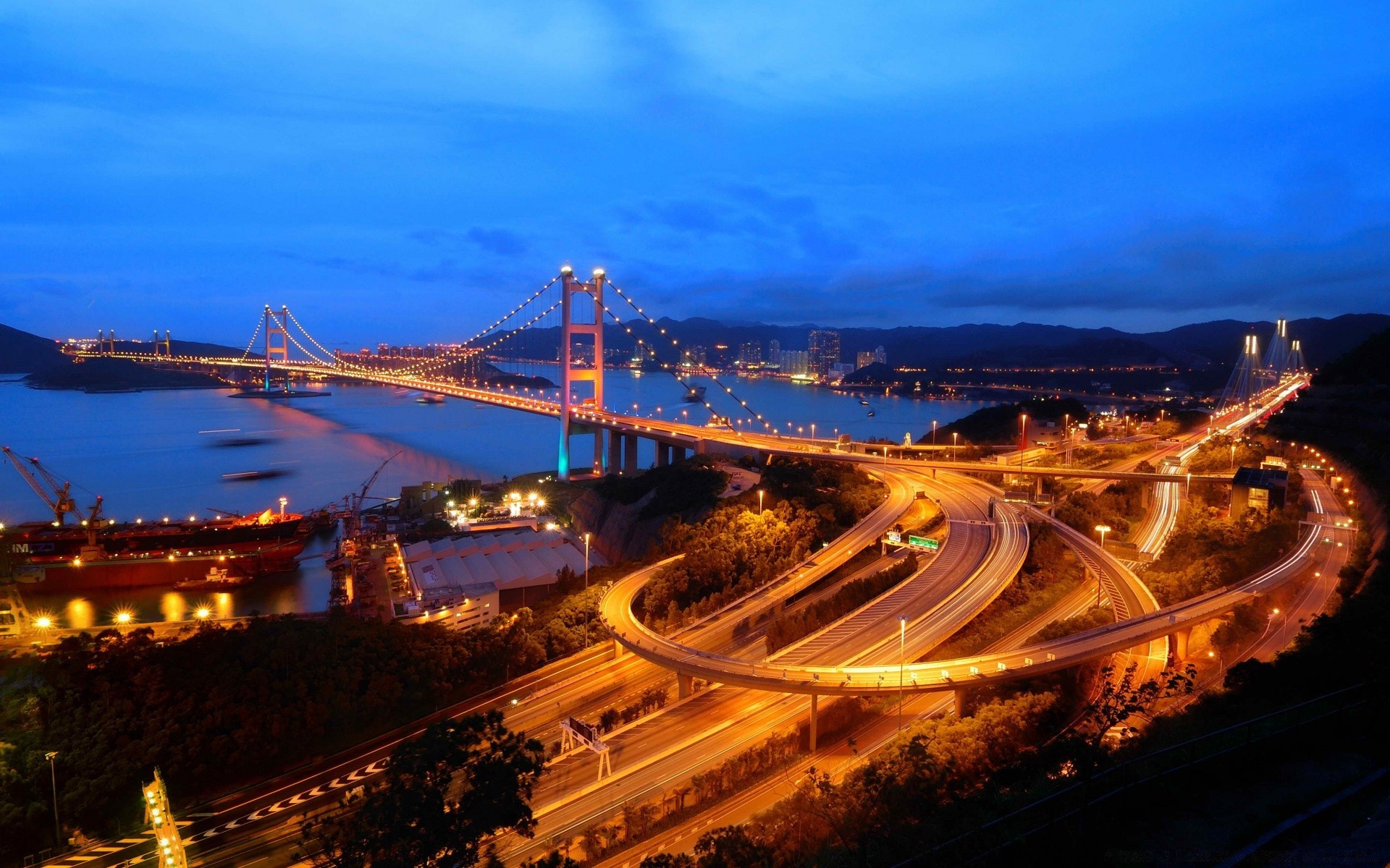 asia travel traffic transportation system road city evening highway dusk bridge architecture sky urban light water building expressway cityscape sunset blur