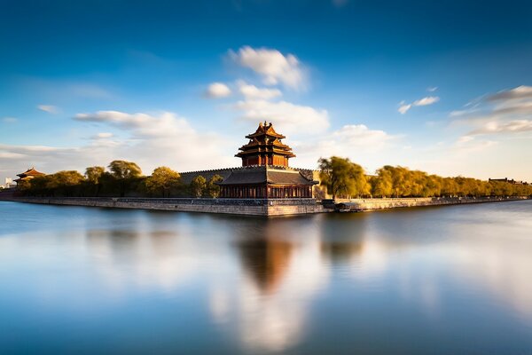 THE TEMPLE IS REFLECTED IN THE WATER SURFACE