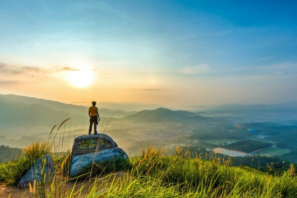 MAN MEETS THE DAWN IN NATURE