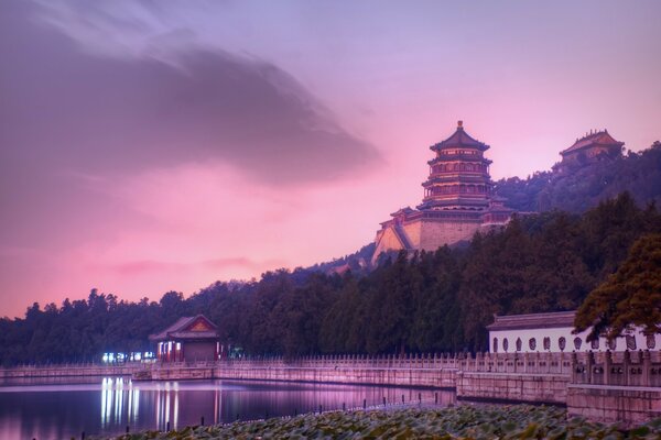 Lilac Asian sunset by the water