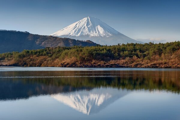 Fujiyama. Beautiful snowy mountain top. Reflection of the mountain in the water