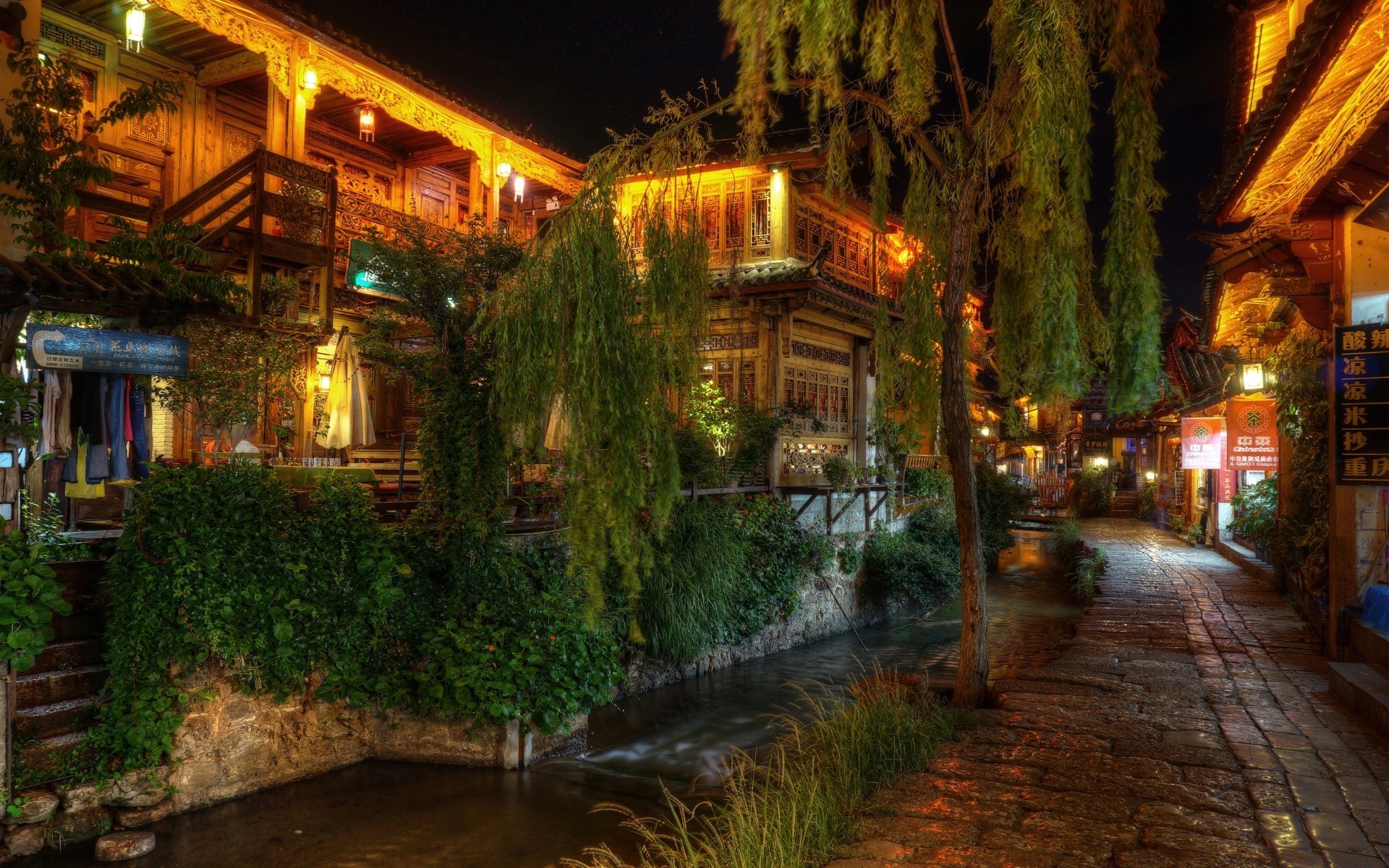 asien reisen licht architektur straße baum haus haus abend stadt im freien wasser