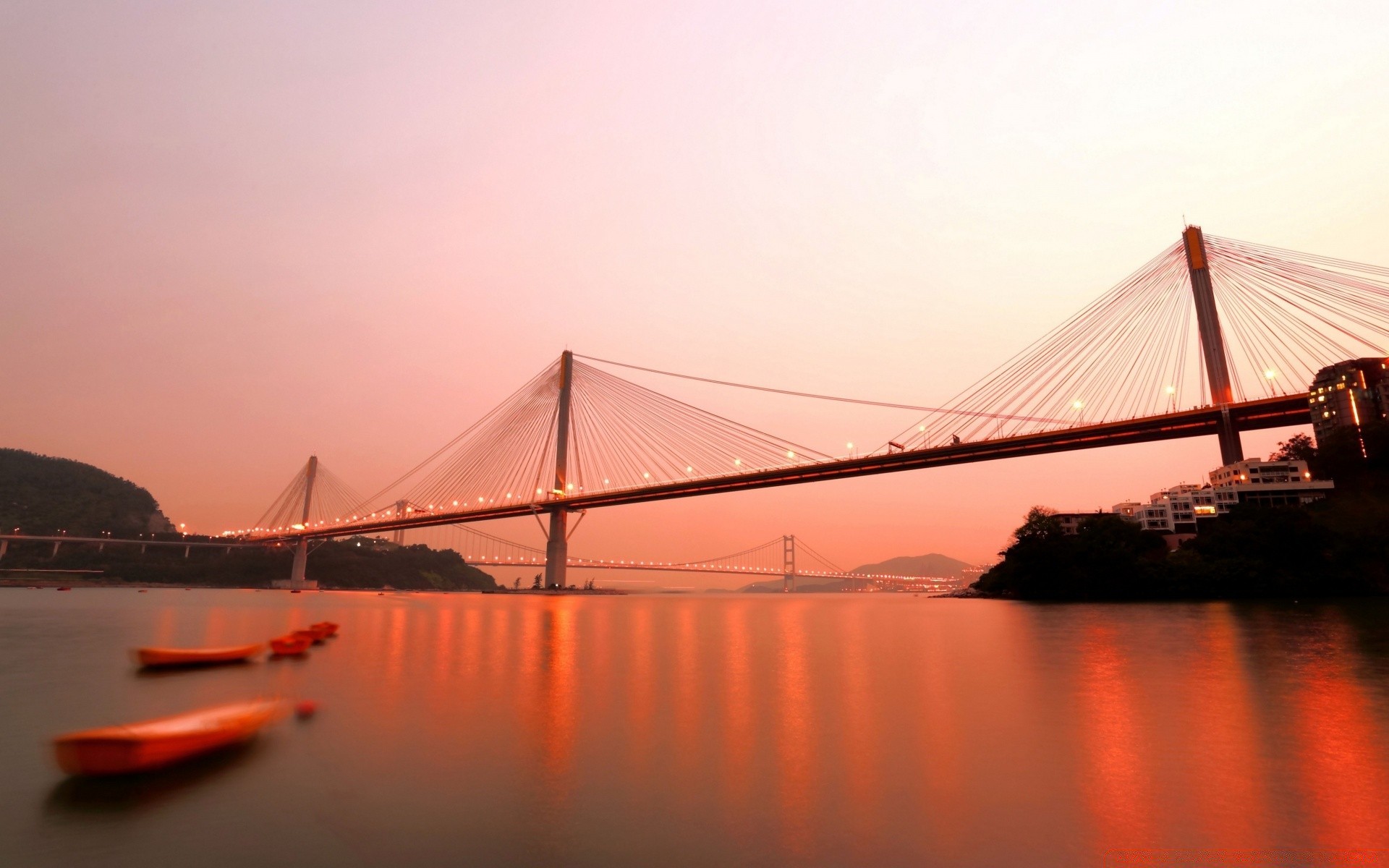 asia bridge water sunset suspension bridge travel dawn transportation system river evening vehicle sky dusk sea ocean suspension city reflection architecture connection