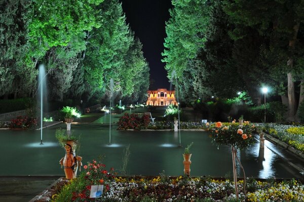 Asiático de la casa con la fuente y en el fondo del cielo nocturno