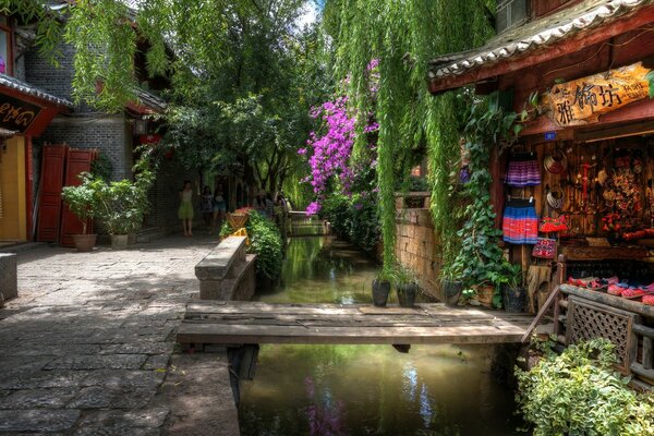 Brücke über einen schmalen Bach in Asien