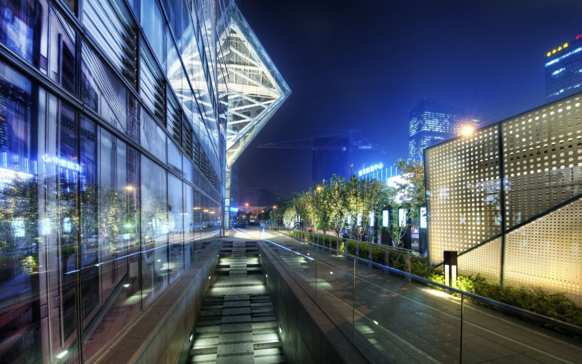 asia city building modern urban business architecture office road blur skyscraper downtown light reflection travel street transportation system traffic