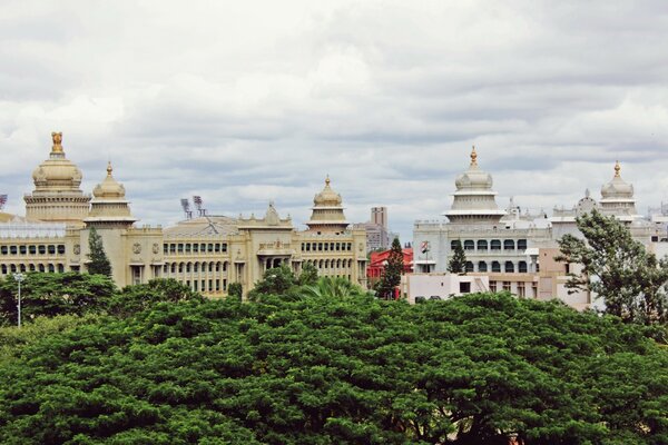 White buildings against the background of trees and sky