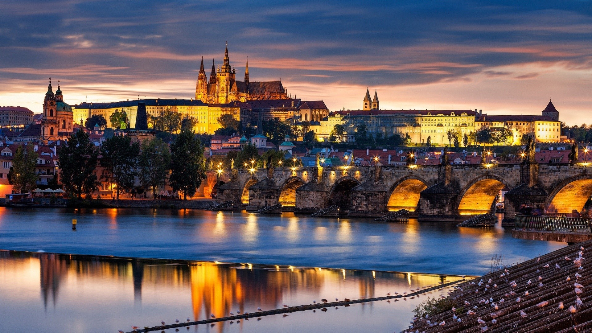 europe river water bridge city architecture dusk travel evening reflection church cityscape cathedral building illuminated sunset urban town sky tourism