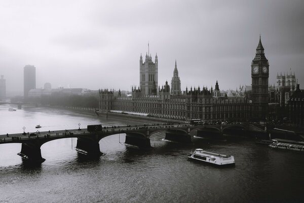 Eine Stadt am Fluss. monochrome Abbildung