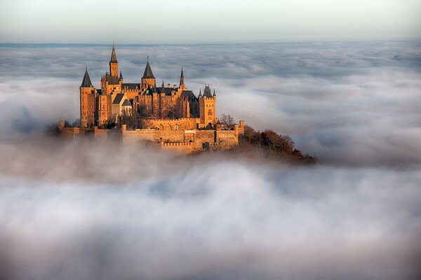 Enorme castillo en la montaña bajo la niebla