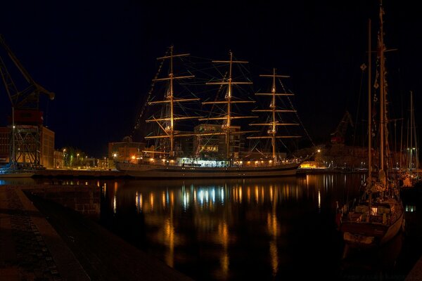 A magnificent brig in the silence of the night