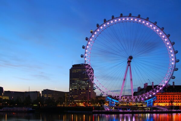 Evening illuminated park with Ferris wheel