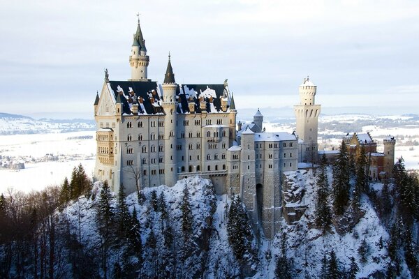 A lonely castle in a snow-covered field