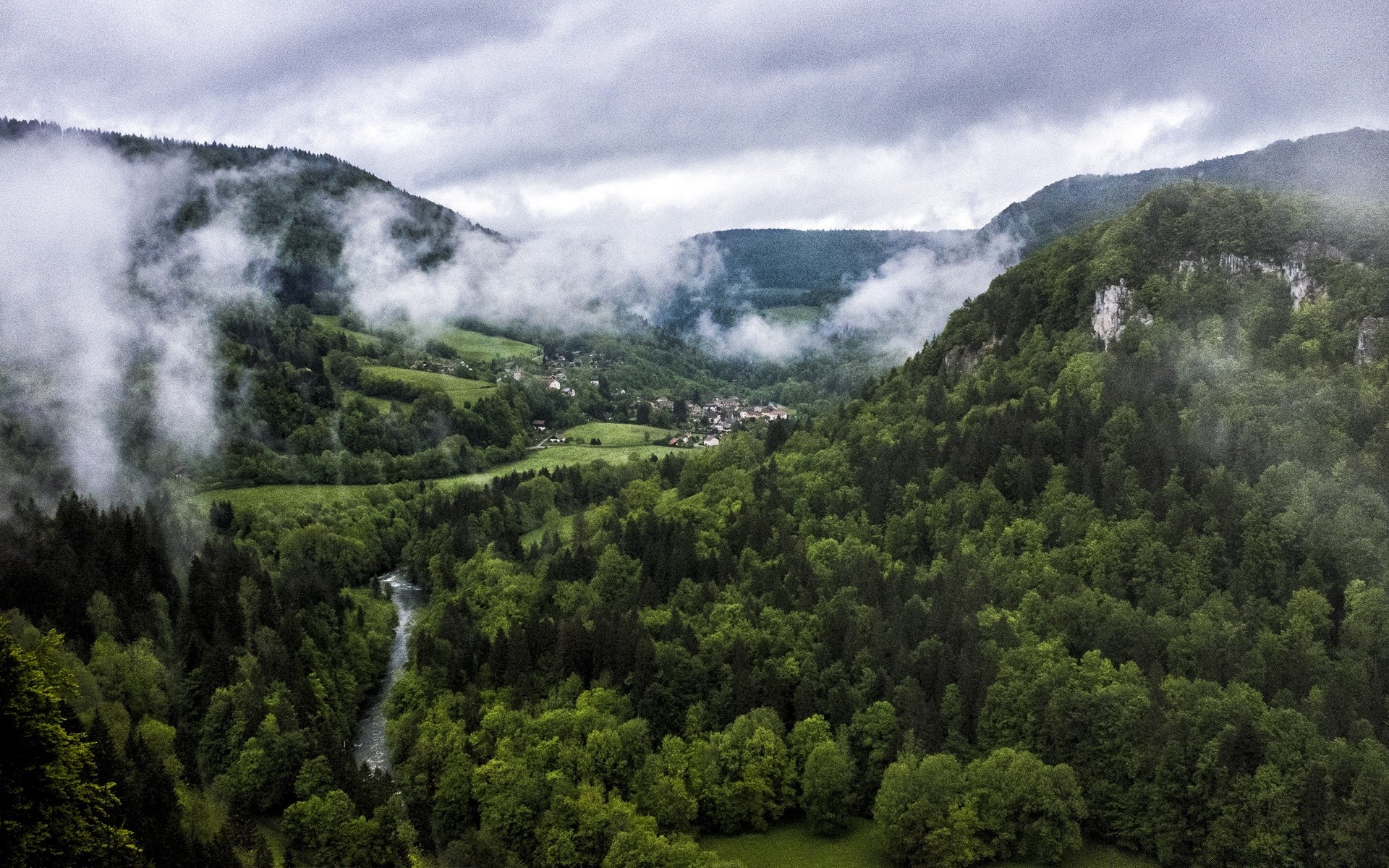 europe landscape mountain nature travel tree wood outdoors sky water scenic fog hill valley cloud mist summer tourism river