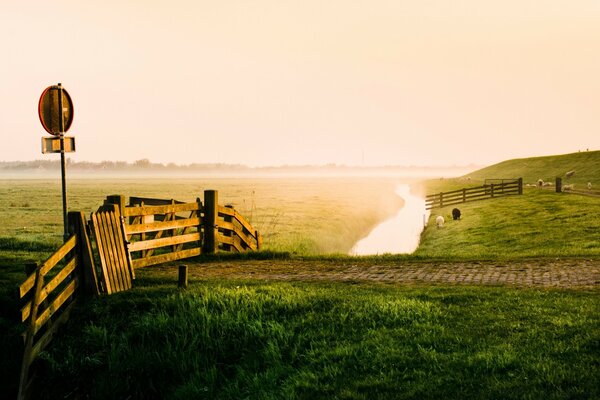 A field with a fence and a river at sunset