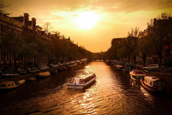 The mouth of the river at sunset in Europe