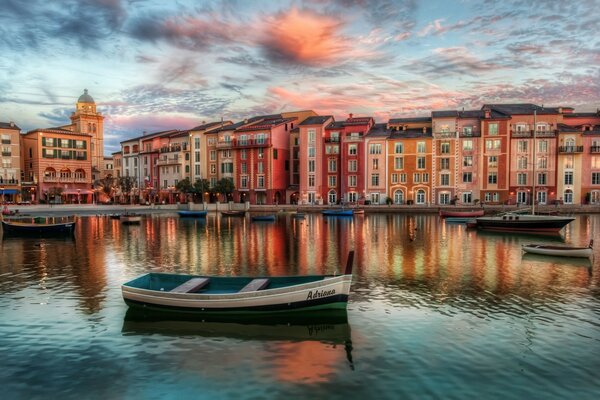 Europe. The city building is reflected in the pond