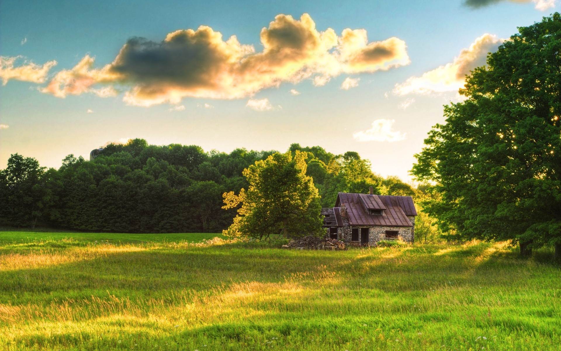 paysage rural ferme paysage agriculture champ grange campagne pays nature été herbe arbre foin ciel coucher de soleil bois soleil extérieur maison