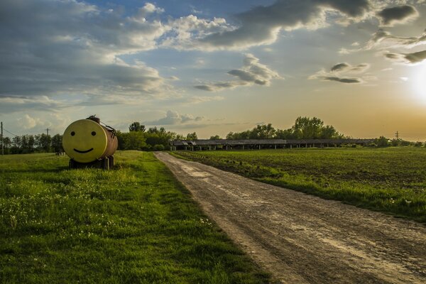 Smiley face on the grass by the country road