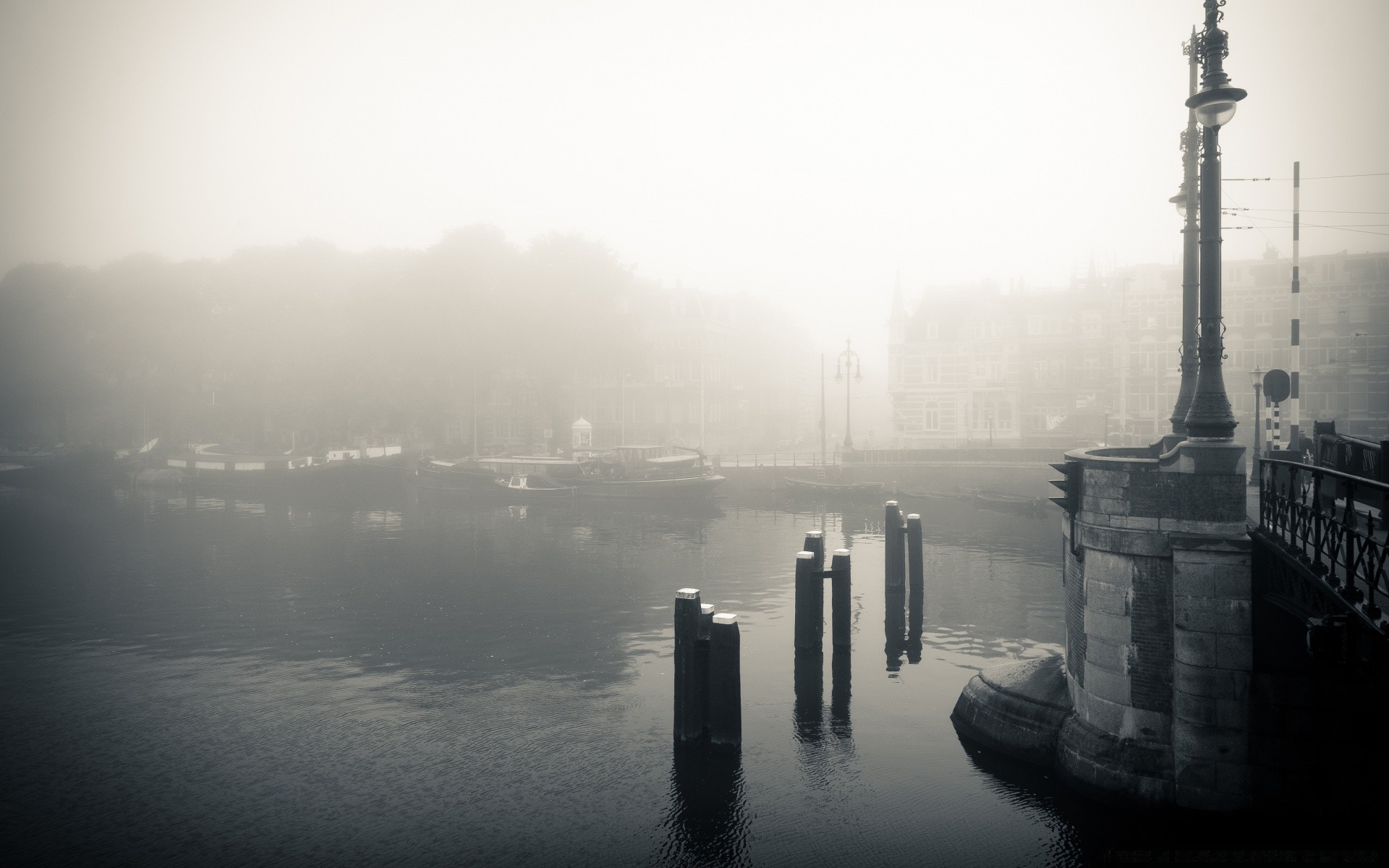 europe fog water river monochrome mist city vehicle dawn watercraft pier architecture transportation system reflection