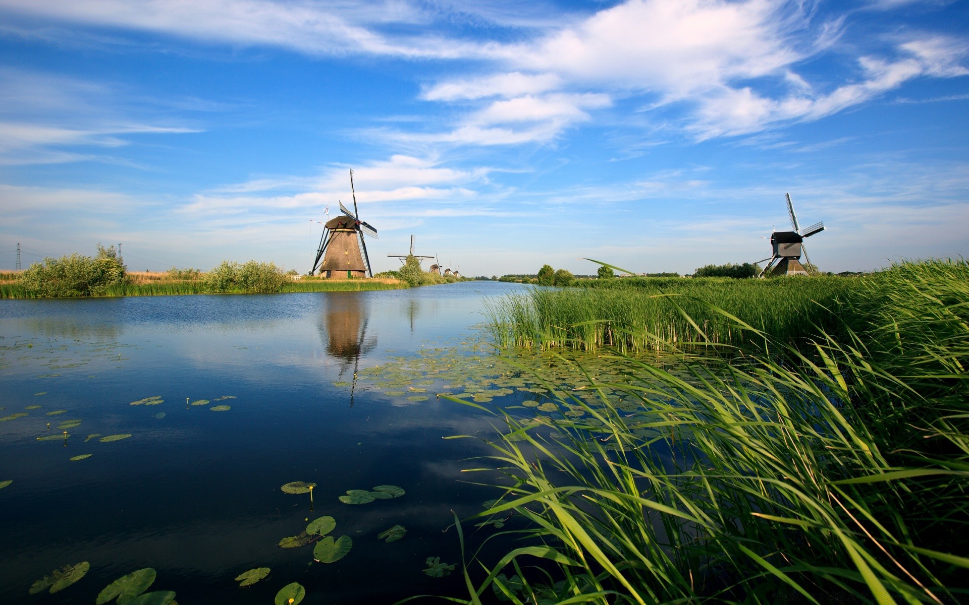 europe water lake reed landscape grass nature reflection windmill sky farm summer agriculture outdoors river field marsh tree rural