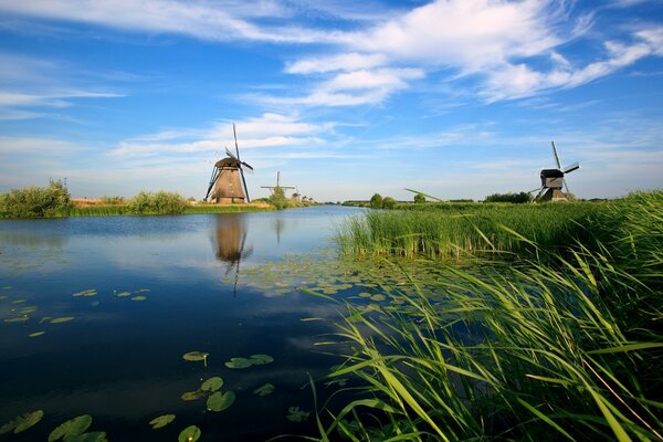 Landschaft mit See und Windmühlen