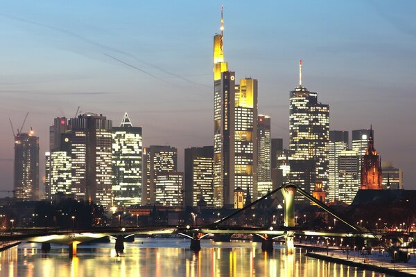 European complex of skyscrapers . View at night