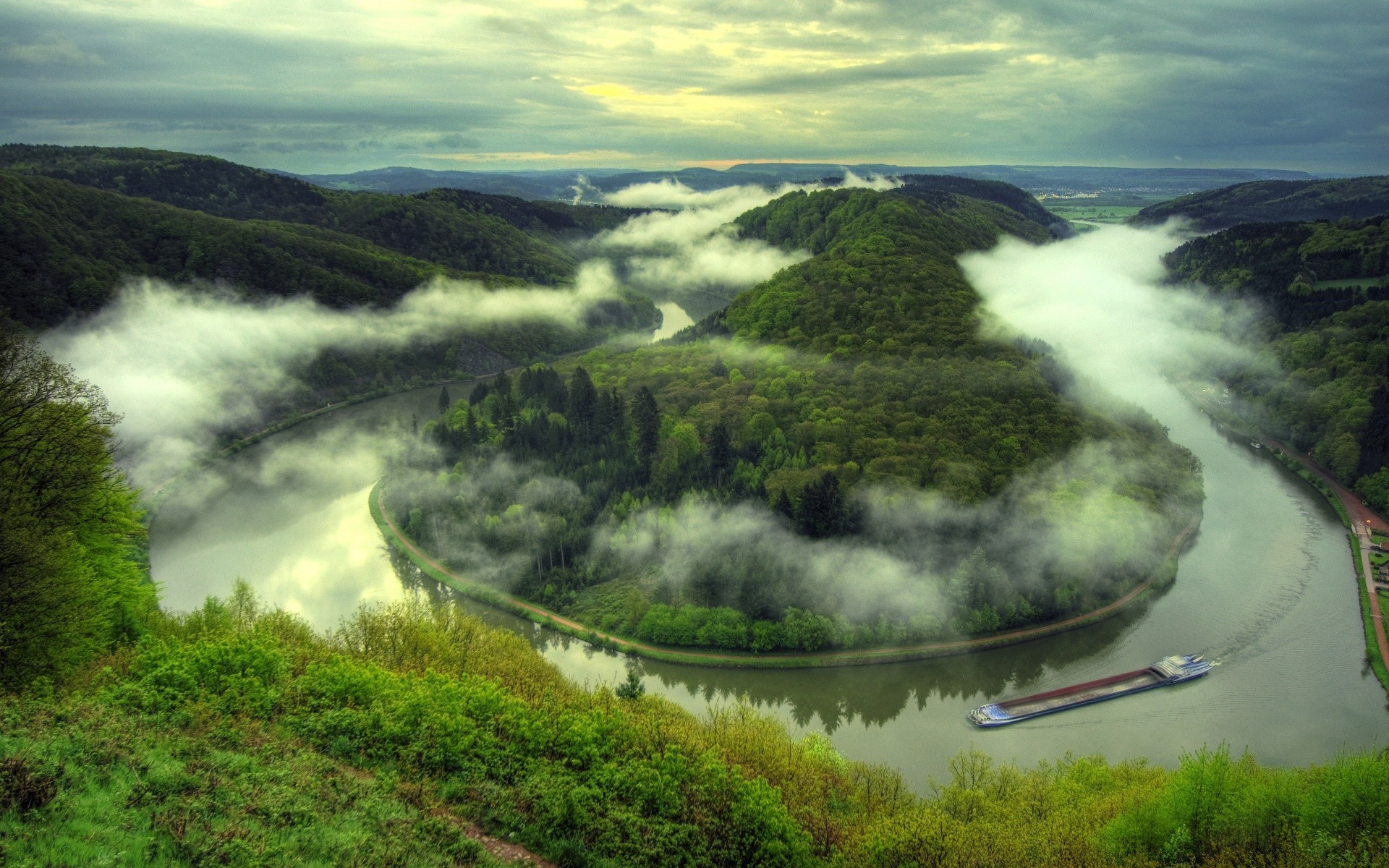 europe landscape water travel nature river outdoors sky lake mountain fog grass scenic hill valley mist wood