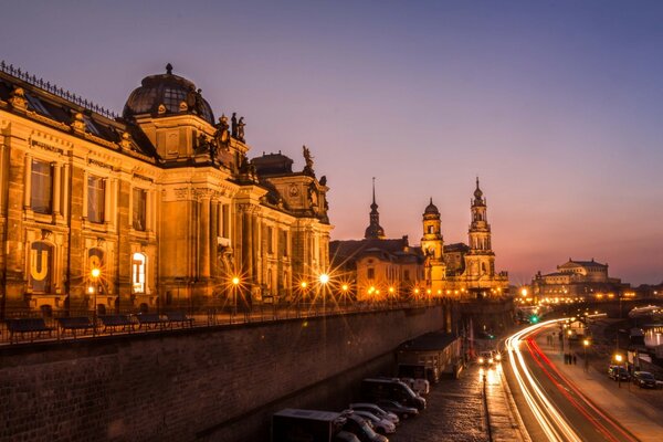 Architecture of a European city at dusk