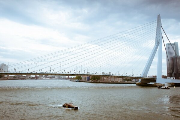 Puente colgante sobre el río en medio de un cielo nublado