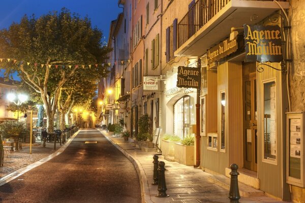 Evening European road and lanterns