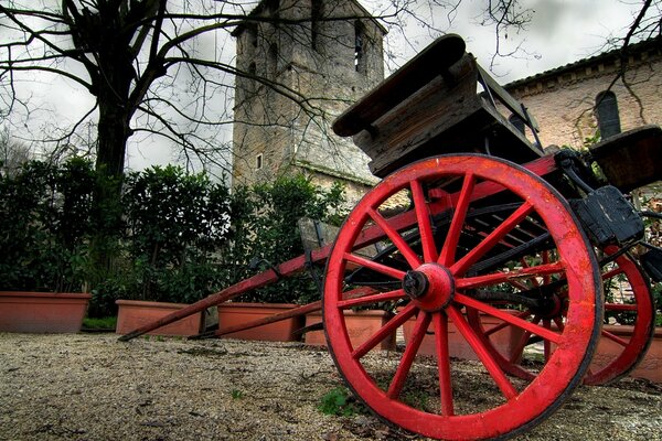 Huge wheels on a cart, vintage vintage, European style